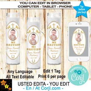 Mi Bautizo doop gebed kaars etiketten, foto, goud, jongen of meisje, Mexicaans thema, bewerken in Corjl, direct downloaden van Corjl, afdrukbaar