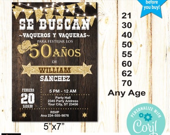 May include: A printable 5" x 7" invitation for a 50th birthday party. The invitation features a rustic wood background with gold glitter accents. The text reads "Se buscan vaqueros y vaqueras" and "50 años de William Sanchez".