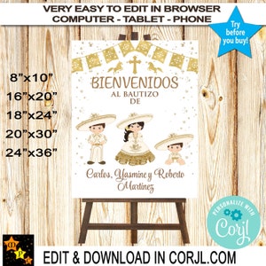 Nuestro Bautizo welkomstbord doop, Mexicaanse stijl, Charro voor peuters, Charra en Baby Charro, bewerken en downloaden in Corjl, 5 maten
