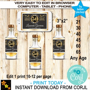 May include: Printable 3x2 inch label for a liquor bottle. The label is black with gold accents and features the text "Calidad Premium", "Añejo", "50 Años", "Edición Limitada", "Leonardo Guerrero", and "12 de Diciembre, 2023".
