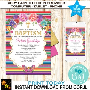 English Baptism Invitation, Baptism First Birthday, Flowers, Sarape, Mexican Theme, Instant Download, Edit in Corjl, Printable, 5x7