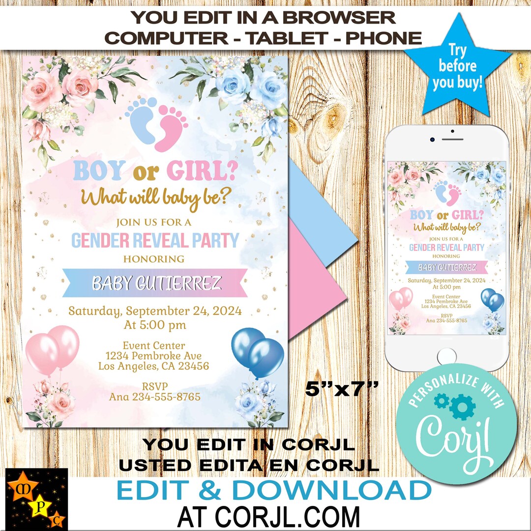 Gender Reveal Party Invitation, Boy or Girl, He or She, Blue, Pink ...