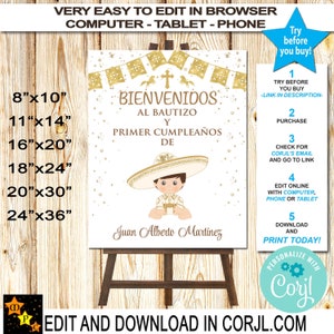 Letrero de bienvenida para bautizo, estilo mexicano, papel picado, confeti dorado, charro bebé, imprimible, edita y descarga en Corjl, 6 tamaños.