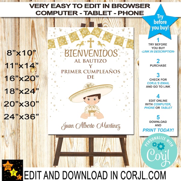 Baptism Welcome Sign, Mexican Style, Gold Confetti, Baby Charro, Instant Download from Corjl, Edit in Corjl, 6 sizes, Printable