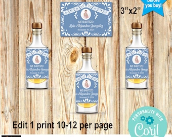 Blue Barro Baptism Mini Liquor Bottle Labels, Recuerdo Foto Editable Printable (Digital Download)