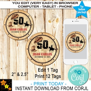 Western Round, Favor Tags, Rodeo, Any Language, Instant Download from Corjl, Edit in Corjl, 2&quot; and 2.5&quot;