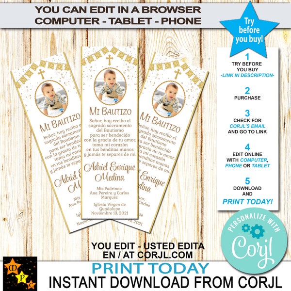 Spanish Photo Baptism Bookmark, Recuerdo Bautizo, Separador, Gold, Mexican Style, Edit in Corjl, Download from Corjl