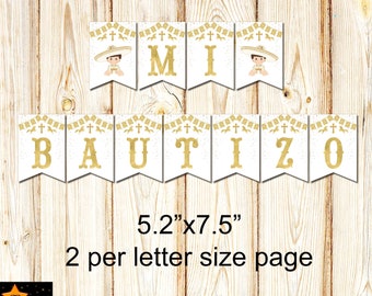 Spanish Baptism Banner, Mi Bautizo, Printable, Gold Baby Charro 5.2" x 7.5" each, Instant Download, Printable, DIY