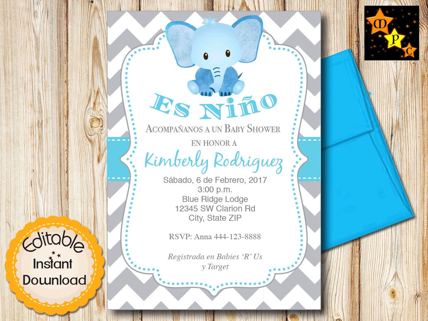 Spanish Baby Shower Invitation Boy Blue Elephant and Gray Etsy