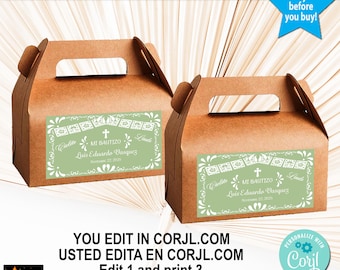 May include: Two brown favor boxes with handles, each featuring a green label with white floral and text details. The labels read "Mi Bautizo" and include a name and date. Text at the top says "Very easy to edit in browser".