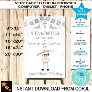 Letrero de bienvenida para bautizo, Mi Bautizo, para imprimir, estilo mexicano, confeti plateado y charro para niños pequeños, para editar y descargar en Corjl, 5 tamaños