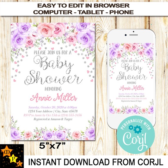Diaper Raffle Shabby Chic Lavender Instant Download Flowers DIY Blush Pink and SIlver LSGF1 3.5 x 2 Floral Printable