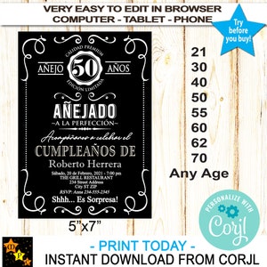 Spanish Any Age Birthday Invitation, Aged to Perfection, Black White Whiskey Label, Edit and download at Corjl, DIY, Printable, 5x7