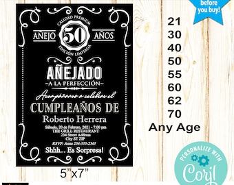 Spanish Any Age Birthday Invitation, Aged to Perfection, Black White Whiskey Label, Edit and download at Corjl, DIY, Printable, 5x7