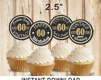 60th Birthday Cupcake Toppers, Aged to Perfection, Vintage, Favor Tags, Instant Download, Printable, 2.5", ATP60