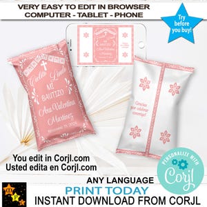 Könnte beinhalten: Rosa und weiße bedruckbare Geschenktüten mit einem Kreuz- und Blumendesign. Der Text auf der Tüte lautet "Cielito Lindo Mi Bautizo Ana Valentina Martinez Noviembre 19, 2024". Der Text auf der anderen Tüte lautet "Gracias por celebrar conmigo!"