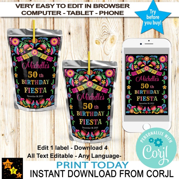 Mexican Flowers Fiesta Juice Pouch Labels, Bright Colors, Any Age, Instant Download from Corjl, Printable, Edit with Corjl