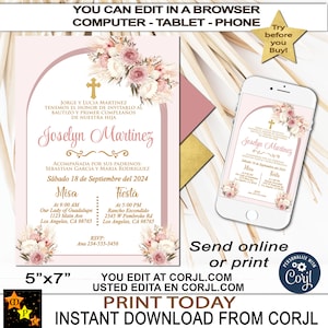 Doop van Spaans pampagras en 1e verjaardagsuitnodiging, Invitacion Bautizo, roze en goud, bewerken en downloaden in Corjl, 5 x 7