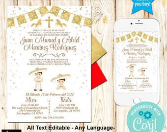 Baptism Charro, 2 Charros, Toddler and Baby, Mexican Theme, Gold Foil, Spanish - Any Language, Instant Download, Edit in Corjl, DIY, 5x7