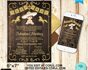 May include: A printable 5x7 inch invitation for a baptism and first birthday party. The invitation features a brown wood background with gold accents and a cartoon image of a boy wearing a sombrero. The text on the invitation reads "Sebastian Martinez" and includes the date and time of the events. The invitation is customizable and can be edited online.