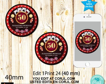 Casino Round Tags, Spanish Party Favors, 40mm, Editable (Corjl Digital Download)