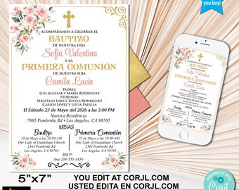 Spanish Baptism First Communion Invitation, Pink Floral Gold, Editable Corjl Template (5x7")