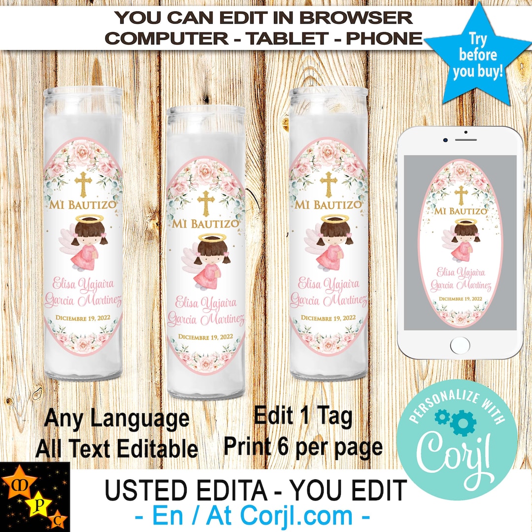 Angelic Labels Mi Bautizo Baptism Candle Labels, Angel, Girl, Angelita, Pink Flowers ...