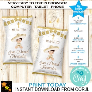 Mi Bautizo Baptism Chip Bag Mexican Theme, Charro, Printable, Boy, Gold, DIY, Edit and Download in Corjl
