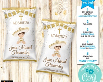 Mi Bautizo Baptism Chip Bag Mexican Theme, Charro, Printable, Boy, Gold, DIY, Edit and Download in Corjl