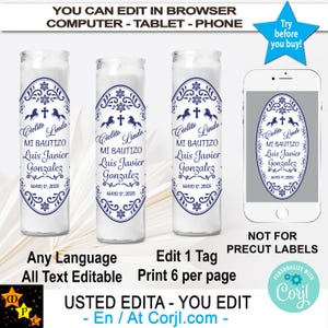 Mi Bautizo Baptism Candle Labels, Talavera Navy Blue Mexican Theme, Editable, Printable, Cielito Lindo, Edit and Download in Corjl