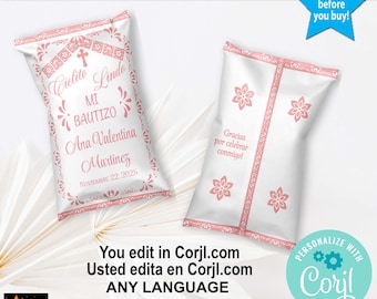 Pink Talavera Baptism Chip Bag, Mexican Theme, Papel Picado, (Edit and Download in Corjl)
