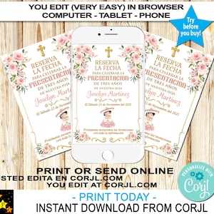 May include: A digital invitation design featuring a smartphone displaying a sample invitation, flanked by two printed invitations. The design includes floral accents, a cross, and text in Spanish. The invitation reads "Reserva la Fecha" and "Joselyn Martinez".