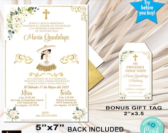Spanish First Communion Invitation, Charra Theme, White Flowers (Editable Corjl Template)