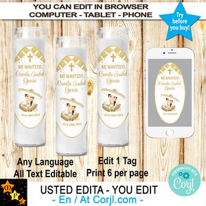 Mi Bautizo-labels doopkaars, gouden baby-charra, charrita, afdrukbaar, gouden confetti, bewerken en downloaden in Corjl