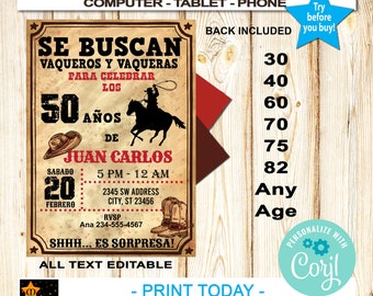 May include: A printable invitation for a 50th birthday party with a western theme. The invitation features a cowboy riding a horse, boots, and the text "SE BUSCAN VAQUEROS Y VAQUERAS PARA CELEBRAR LOS 50 AÑOS DE JUAN CARLOS".