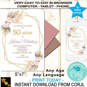 Spaans pampagras en gouden verjaardagsuitnodiging, direct downloaden van Corjl, EDIT in Corjl, DIY, afdrukbaar, 5 x 7 inch, BI410