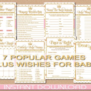 May include: Seven printable baby shower games with a pink and gold glitter theme. The games include "What's in Your Purse?", "Nursery Rhymes Quiz", "Name the Baby Animals", "Baby Word Scramble", "Baby Shower Bingo", "Celebrity Baby Names", and "Price is Right". There is also a "Dear Baby" card for guests to write messages to the baby.