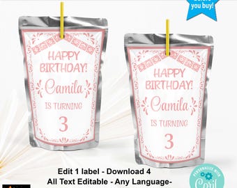 Birthday Juice Pouch Pink Talavera Editable in Corjl Printable Any Age