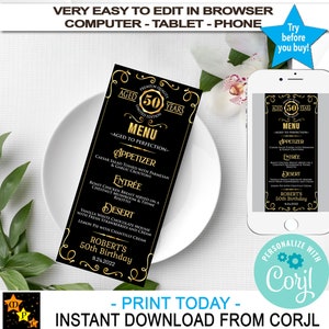 Menú, editable, añejado a la perfección, negro, blanco y dorado, etiqueta de whisky, Corjl INSTANTÁNEO, EDITAR en Corjl, bricolaje, imprimible, 4x9