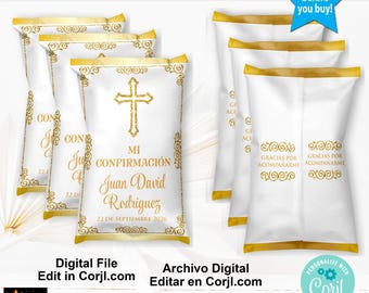 Confirmation Chip Bag, Spanish, Gold, Corjl Edit (Digital Download)