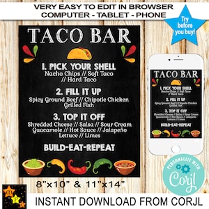 Taco Bar Sign, Mexican Style, Editable, Instant Download from Corjl, Edit in Corjl, 2 sizes, Printable