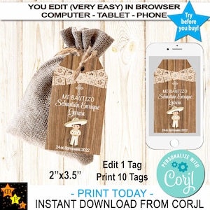 Baptism Thank You Tags, Mexican Theme, Gold Toddler Charro, Rustic Wood, Instant Download from Corjl, Printable, 2"x3.5", Edit with Corjl