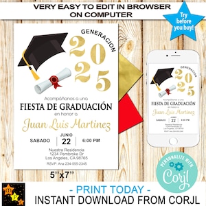 Spanish Graduation Party Invitation, invitacion Graduacion, Gold, 2025, Edit and Download in Corjl, 5x7