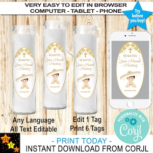 Mi Bautizo-labels doopkaars, gouden baby-charro, charrito, gouden confetti, instant download van Corjl, bewerken in Corjl, afdrukbaar
