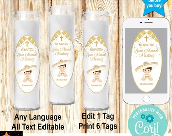Mi Bautizo Baptism Candle Labels, Gold Baby Charro, Charrito, Gold Confetti, Instant Download from Corjl, Edit in Corjl, Printable