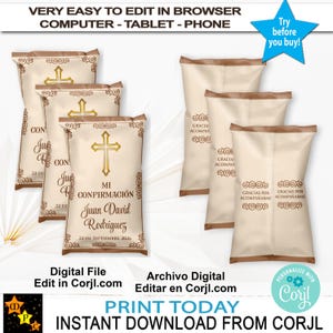 May include: A collection of beige favor bags with a gold cross and text. The bags are decorated with ornate borders and the text "MI CONFIRMACIÓN Juan David Rodriguez 22 DE SEPTIEMBRE 2026". The image also includes text that says "Print Today Instant Download From Corjl".