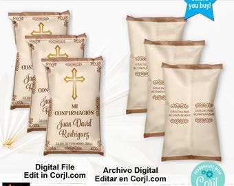 Confirmation Chip Bag, Spanish, Brown Cream Tones, Corjl Edit (Digital Download)