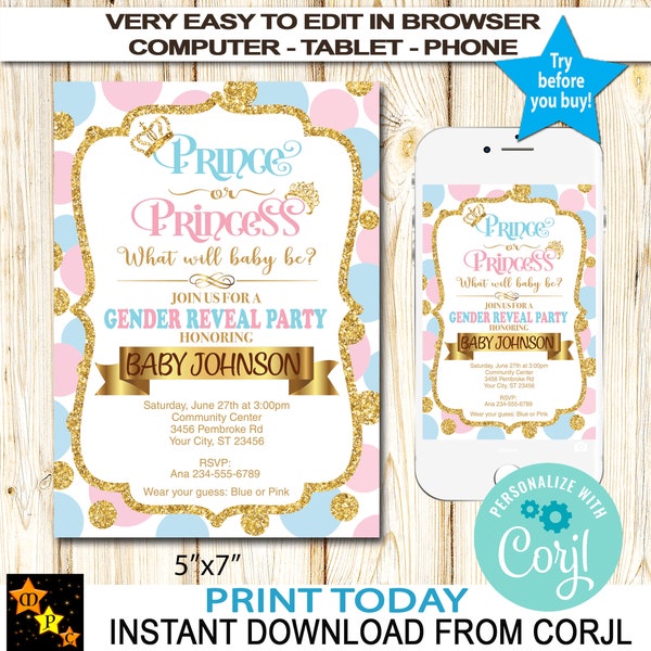 Gender Reveal Prince or Princess, He or She, Blue, Pink and Gold Dots, Instant Download from Corjl, DIY, Printable, Edit in Corjl