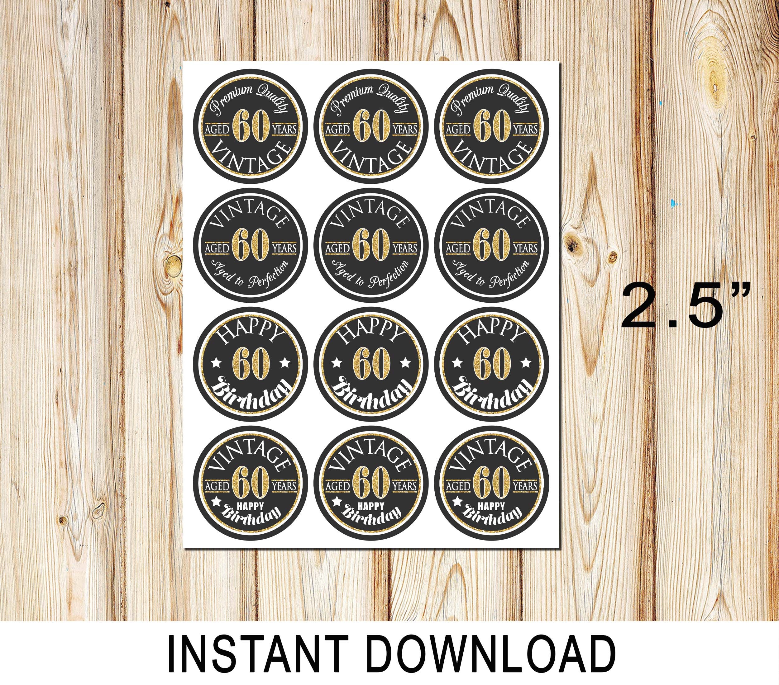 60th Birthday Cupcake Toppers, Aged to Perfection, Vintage, Favor Tags ...