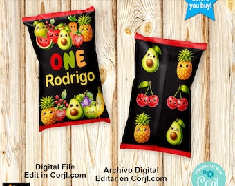 Dancing Fruit Chip Bag Label, Hey Bear, Birthday Party, Editable Template (Instant Download Corjl)